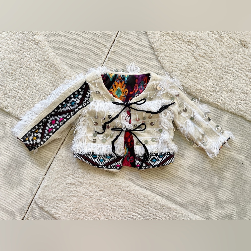 Liboosha Handmade Moroccan Wedding Blanket Jacket Tribal Floral Cream Black 2T